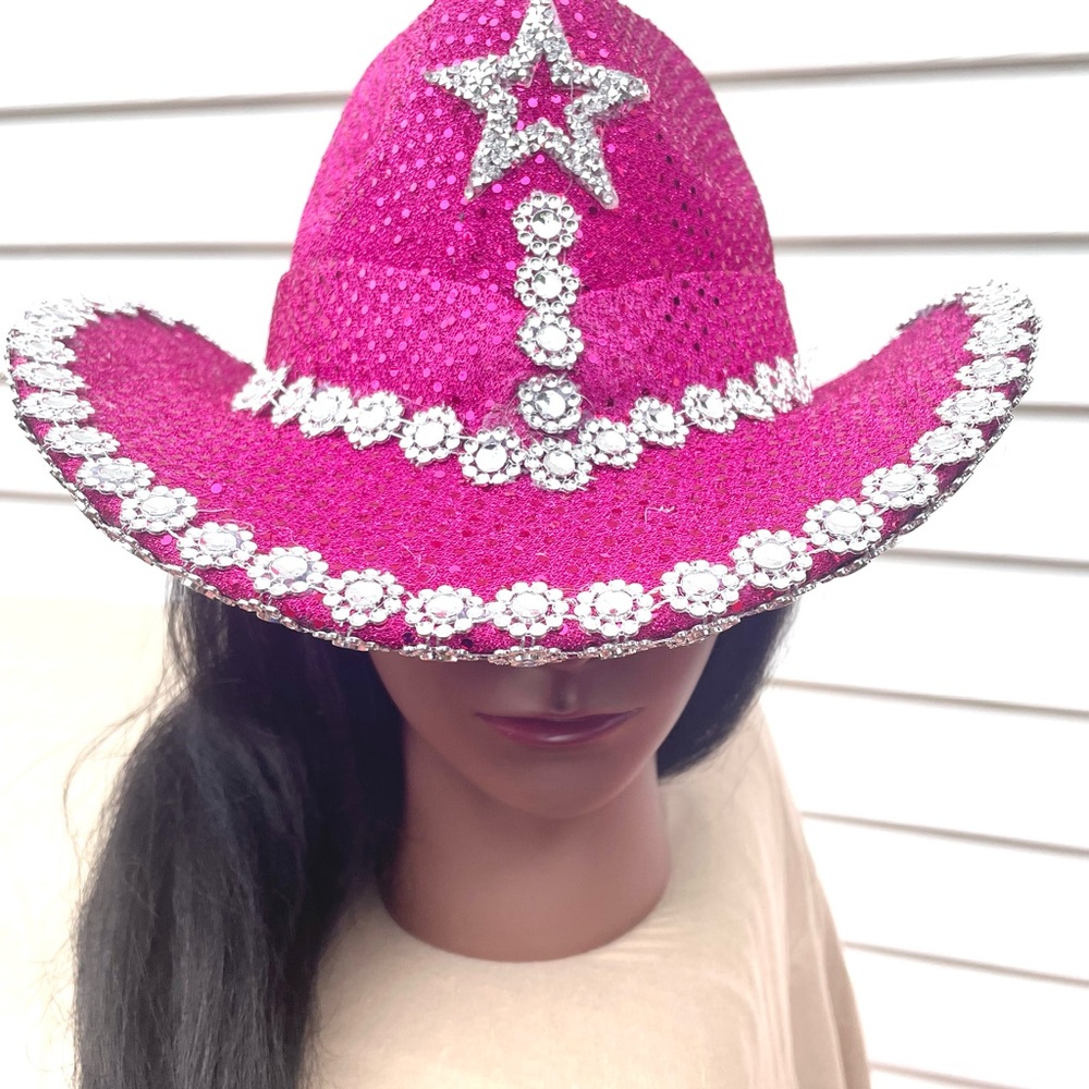 Pink Sequin Cowboy Hat with Silver Star Accents